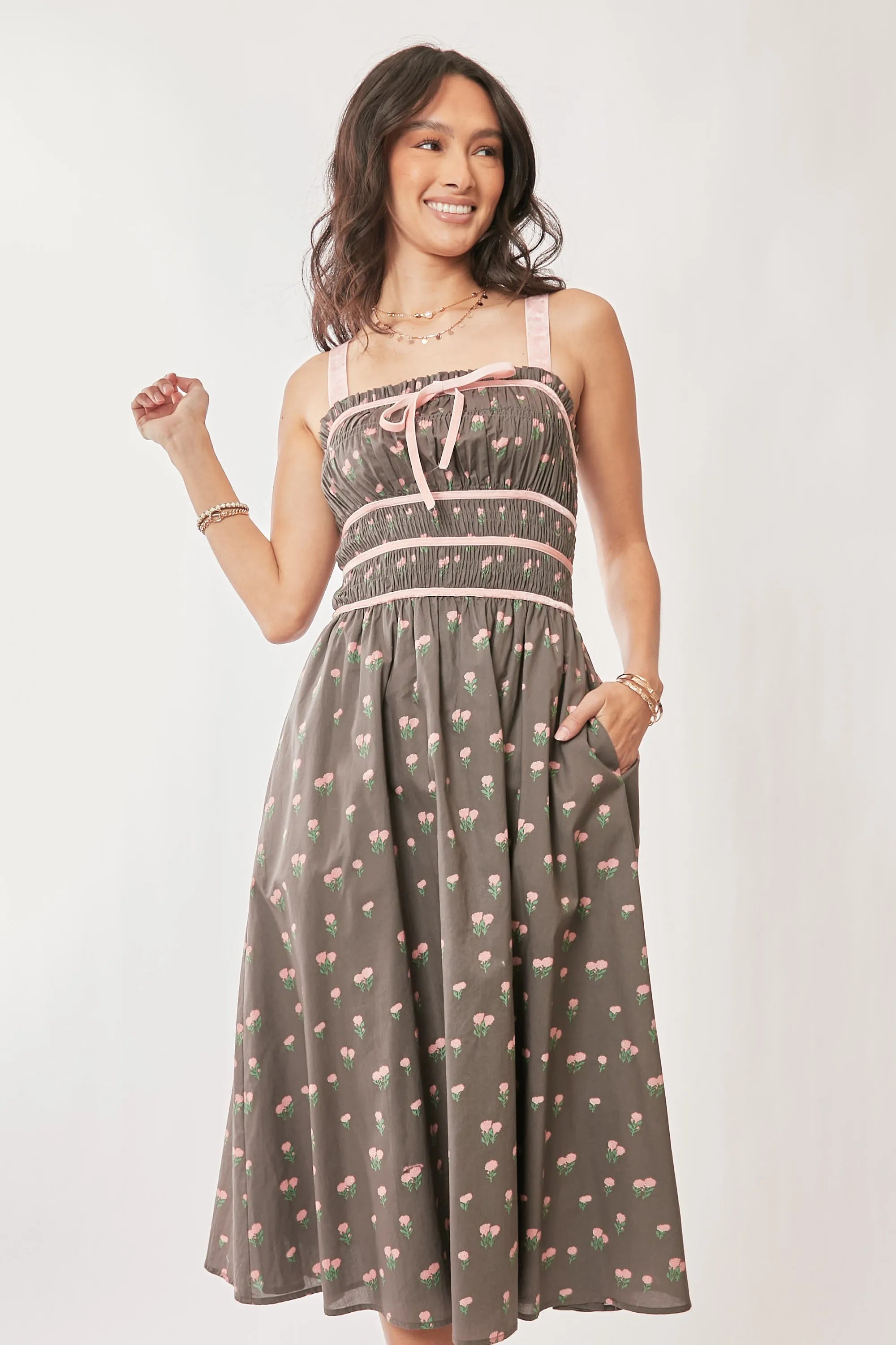 Davi & Dani Contrast Velvet Tape Smocking Bodice Midi Dress b07086f5ed664e448cfe2dff4bb175c2-Max-Origin