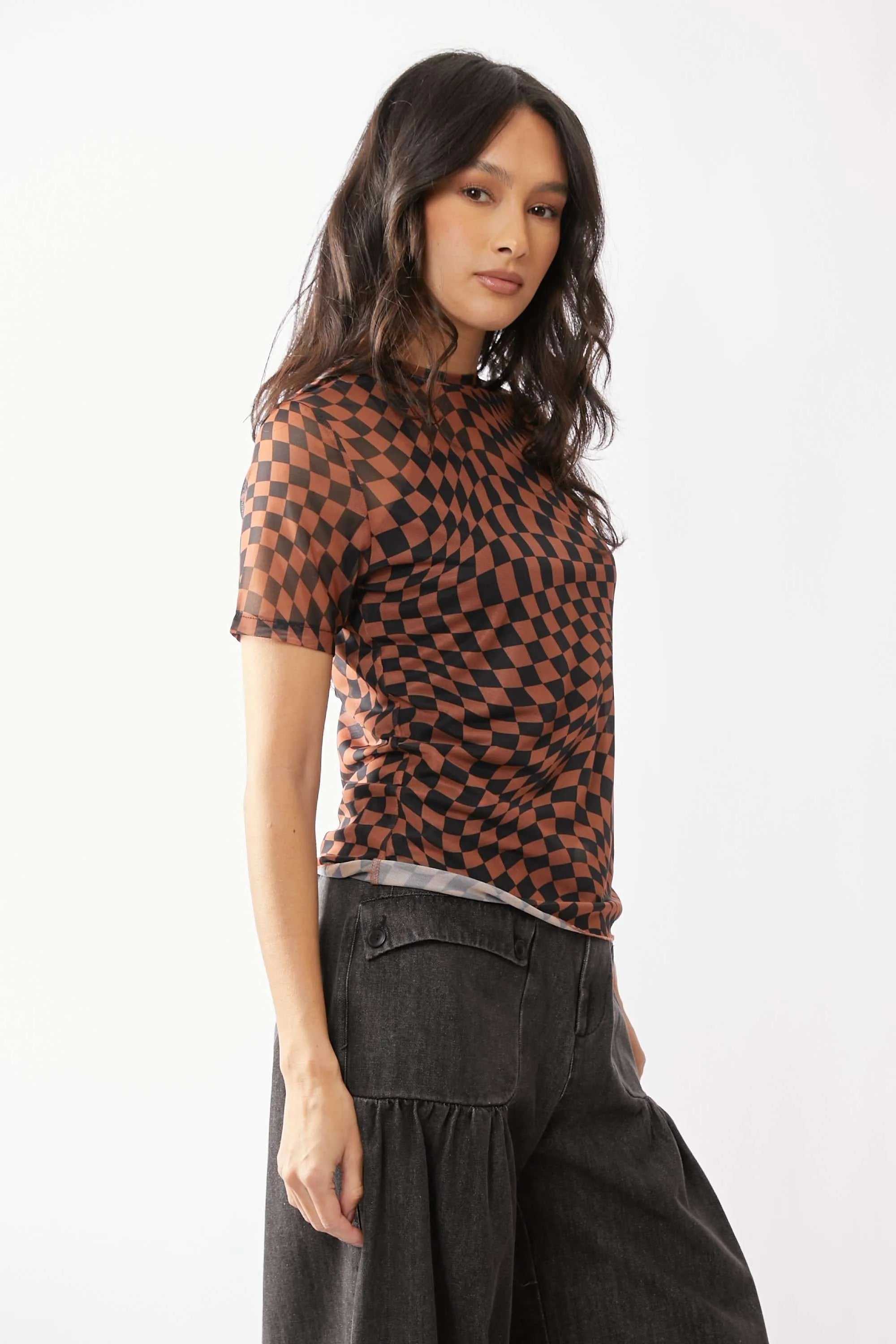 Davi & Dani Checker Board Printed Mesh Short Sleeve Top b08607a0ae31424aaeb0e864912e8680-Max-Origin