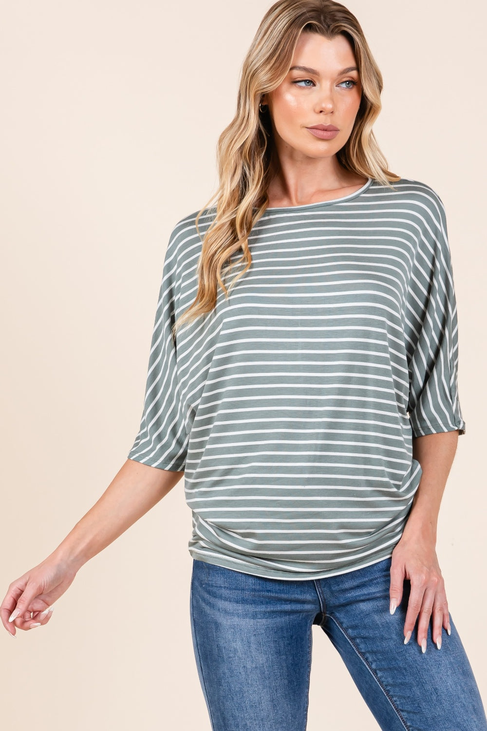 BOMBOM Striped Boat Neck Dolman Sleeve Top BOMBOM Striped Boat Neck Dolman Sleeve Top - TopFashionHQ