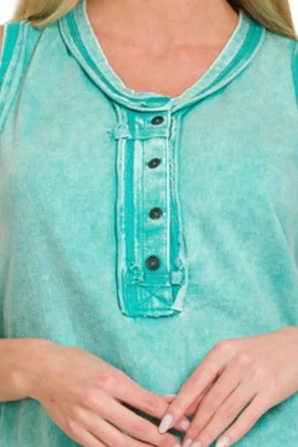 Zenana Washed Half-Button Raw Edge Sleeveless Henley Top Zenana Washed Half-Button Raw Edge Sleeveless Henley Top