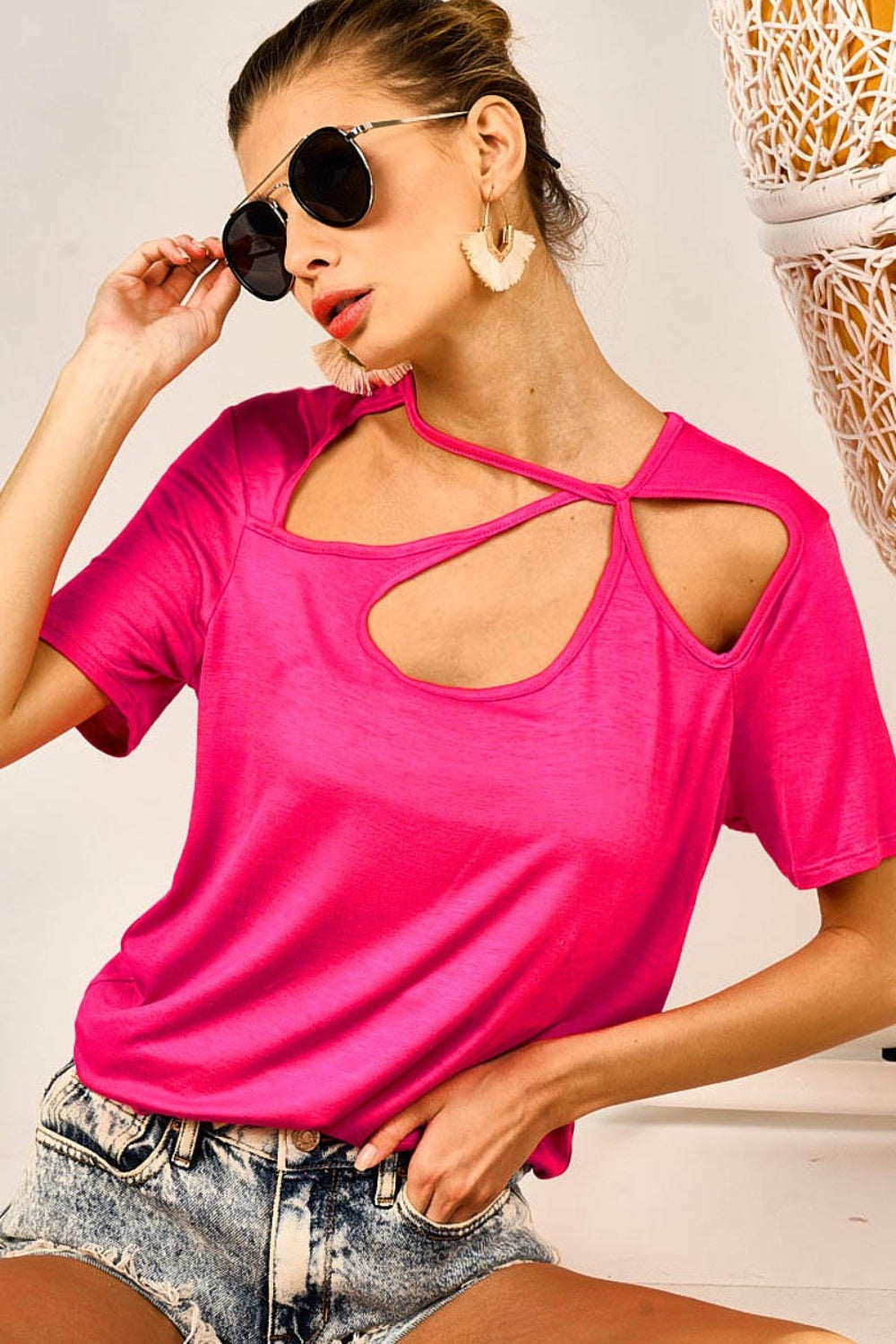 BiBi Cutout Asymmetrical Neck Short Sleeve T-Shirt BiBi Cutout Asymmetrical Neck Short Sleeve T-Shirt - TopFashionHQ