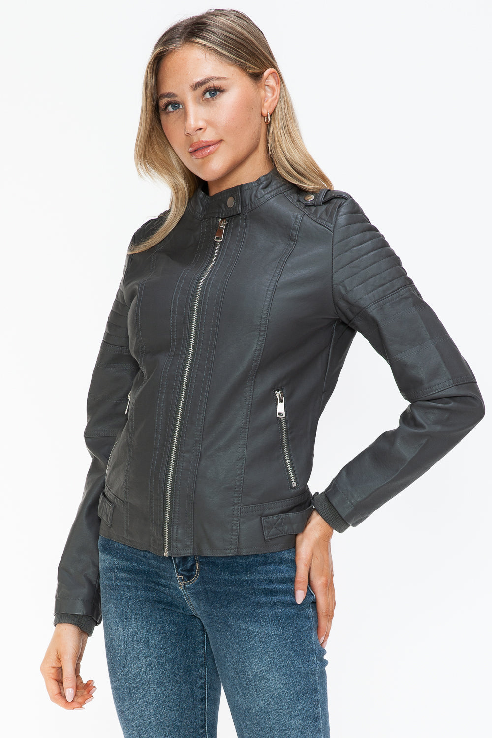 Snobbish PU Leather Biker Jacket with Side Zip Pockets Snobbish PU Leather Biker Jacket with Side Zip Pockets - TopFashionHQ