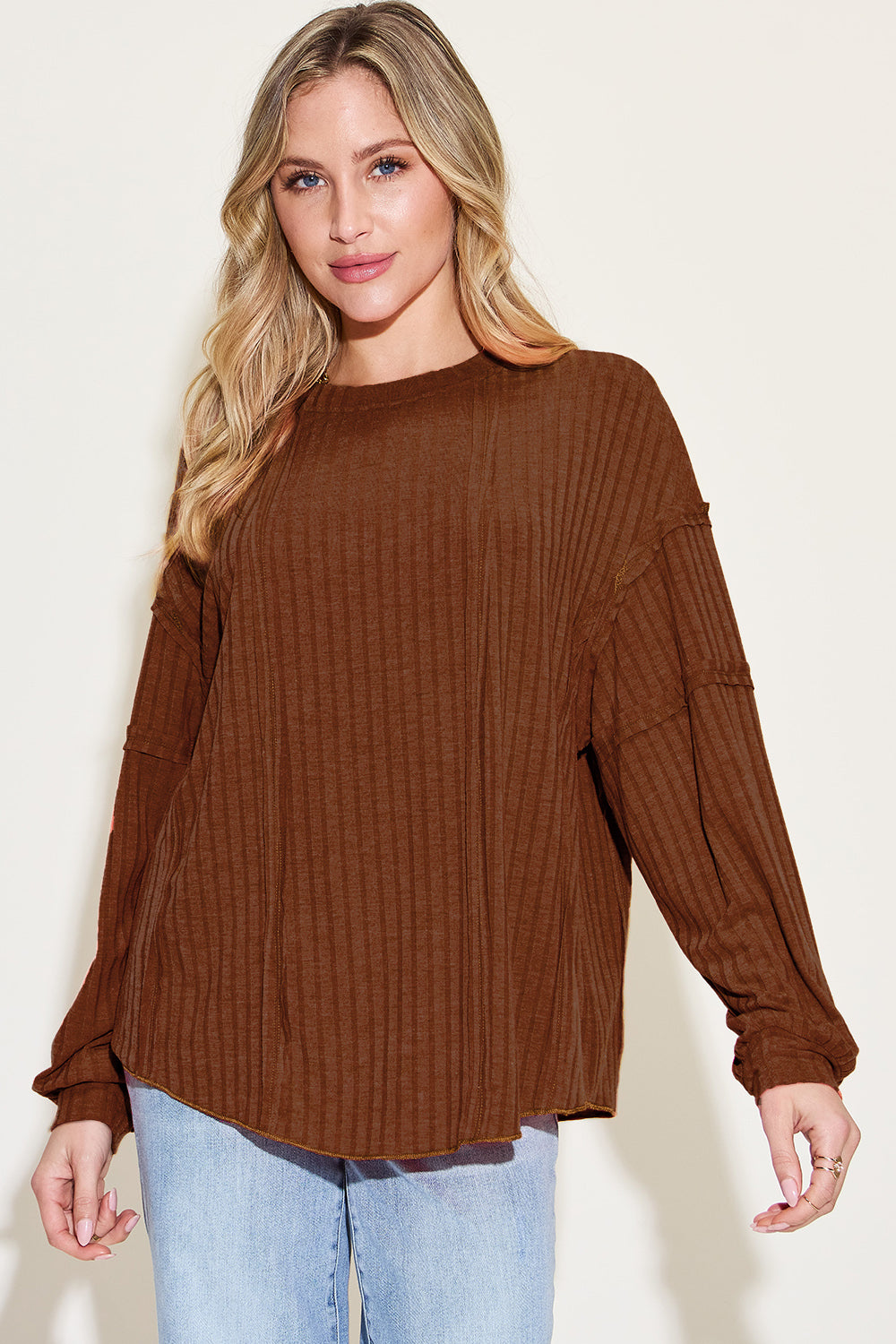 Basic Bae Full Size Ribbed Round Neck Long Sleeve T-Shirt Basic Bae Full Size Ribbed Round Neck Long Sleeve T-Shirt - TopFashionHQ