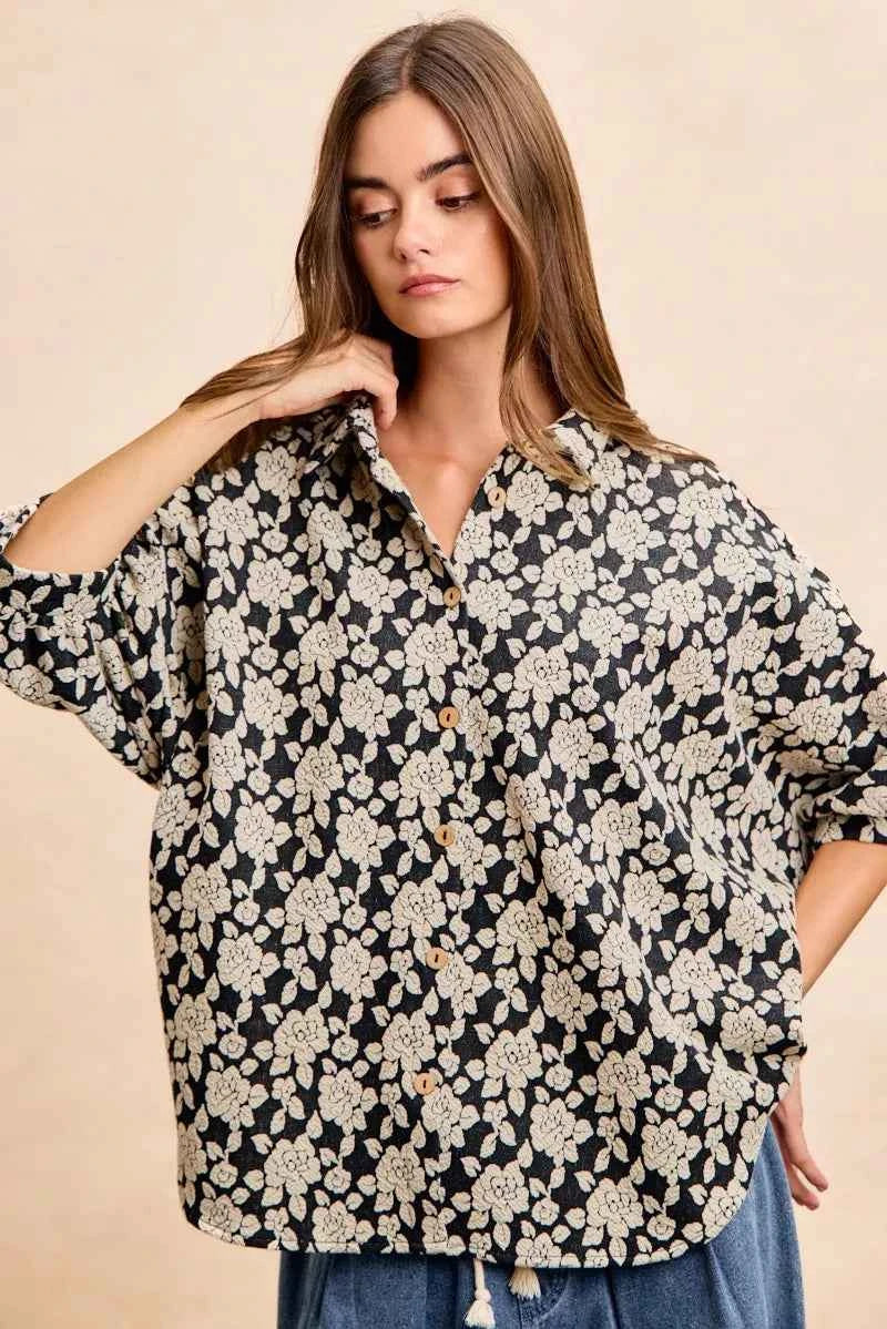 BiBi Floral Jacquard Short Dolman Sleeves Shirt BiBi Floral Jacquard Short Dolman Sleeves Shirt