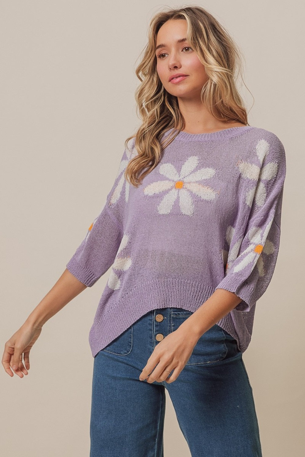 BiBi Floral Pattern Slit Sweater BiBi Floral Pattern Slit Sweater - TopFashionHQ