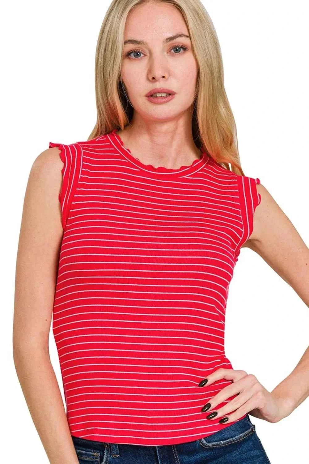 Zenana Ribbed Ruffle Trim Sleeveless Stripe Top Zenana Ribbed Ruffle Trim Sleeveless Stripe Top