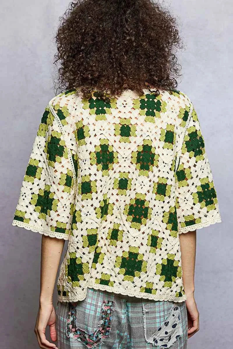 POL Round Neck Short Sleeve Color Pattern Crochet Top with Border Accents POL Round Neck Short Sleeve Color Pattern Crochet Top with Border Accents