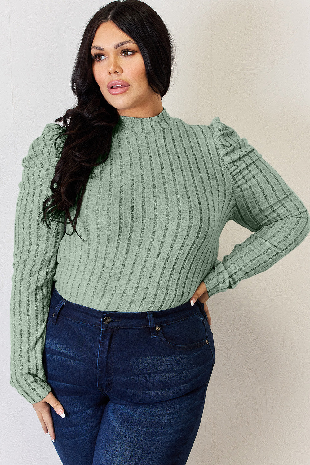 Basic Bae Full Size Ribbed Mock Neck Puff Sleeve T-Shirt Basic Bae Full Size Ribbed Mock Neck Puff Sleeve T-Shirt - TopFashionHQ