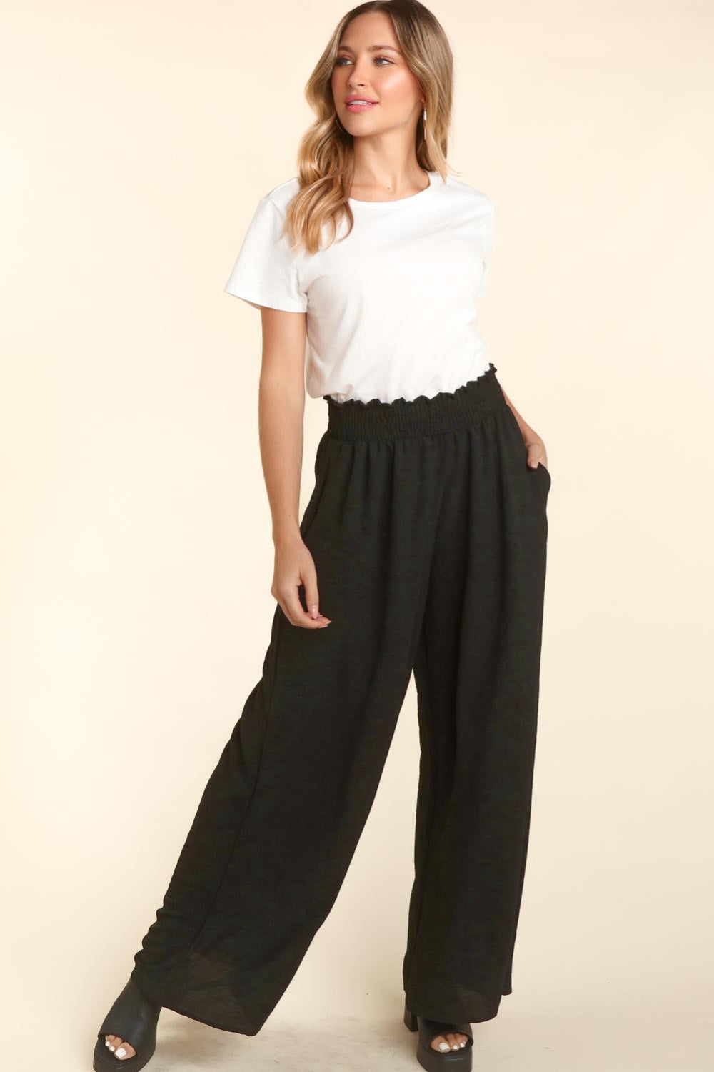 Haptics Elastic Waist Wide Leg Pants with Pockets Haptics Elastic Waist Wide Leg Pants with Pockets