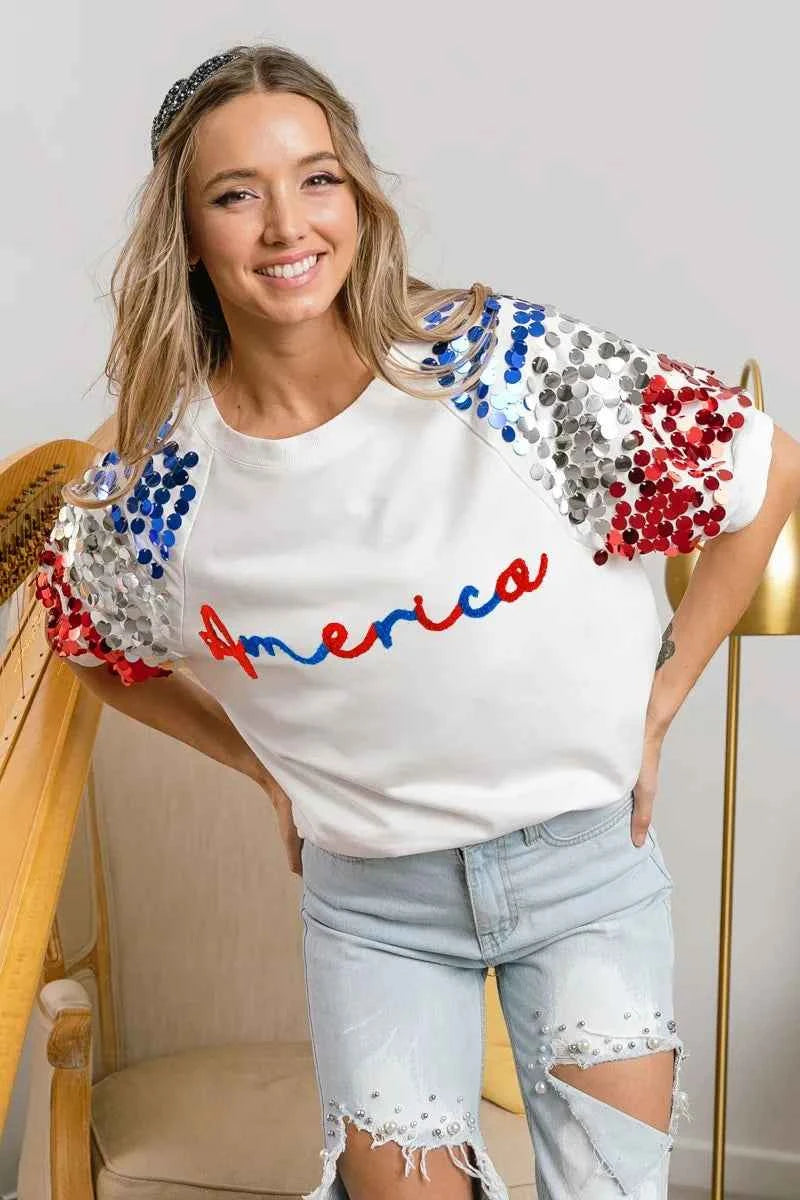 BiBi America Letter Applique Spangle Puff Sleeves Top BiBi America Letter Applique Spangle Puff Sleeves Top