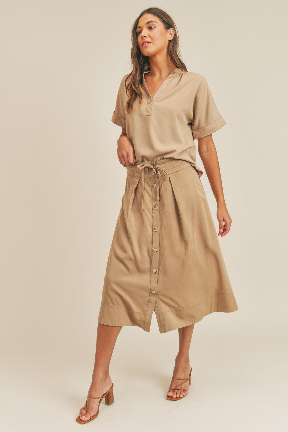 MABLE Short Sleeve Top and Button Down Midi Skirt Set MABLE Short Sleeve Top and Button Down Midi Skirt Set