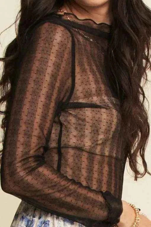 Davi & Dani Turtle Neck Lace Dotted Stretch Mesh Sheer Top Davi & Dani Turtle Neck Lace Dotted Stretch Mesh Sheer Top