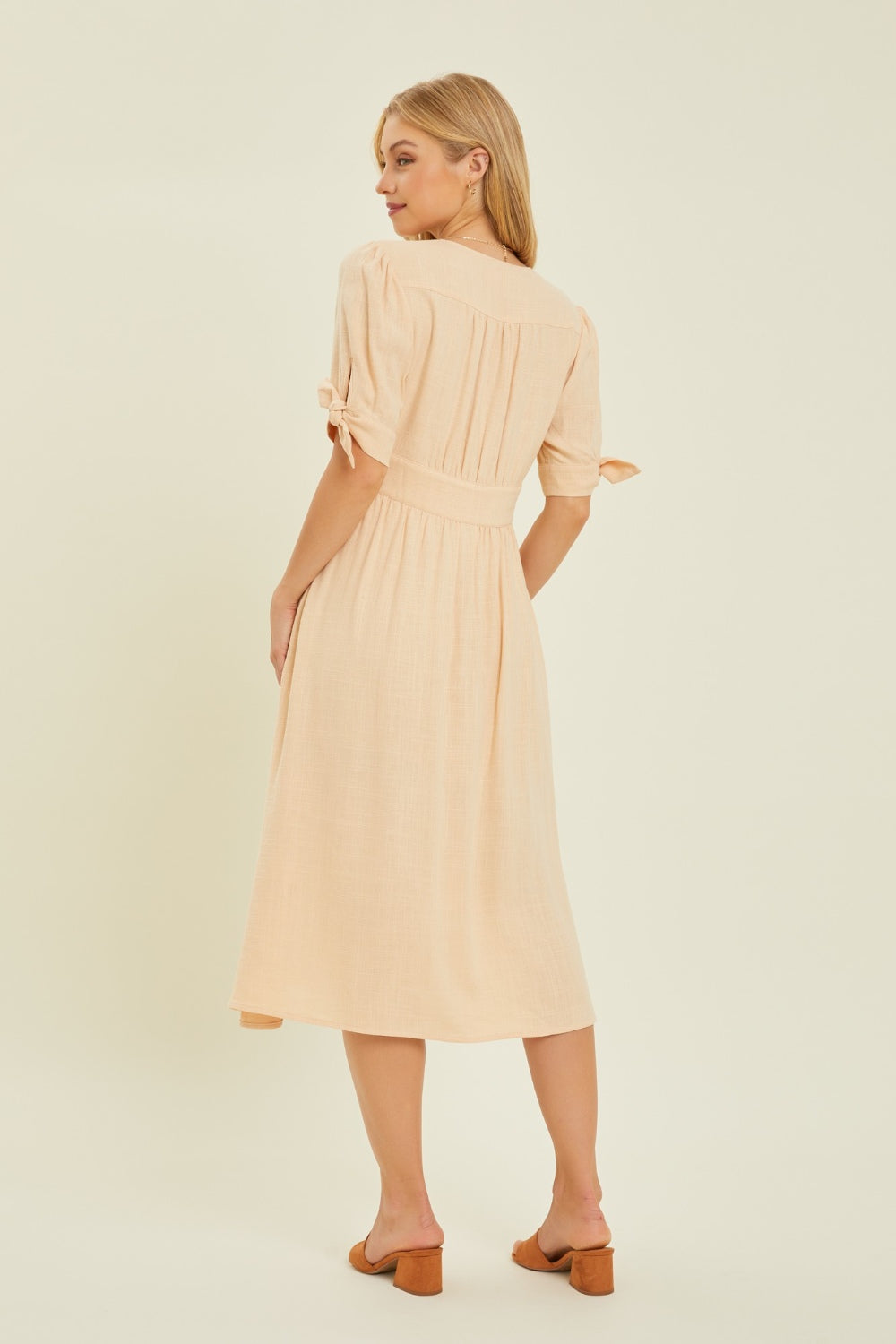 HEYSON Full Size Textured Linen V-Neck Button-Down Midi Dress HEYSON Full Size Textured Linen V-Neck Button-Down Midi Dress - TopFashionHQ