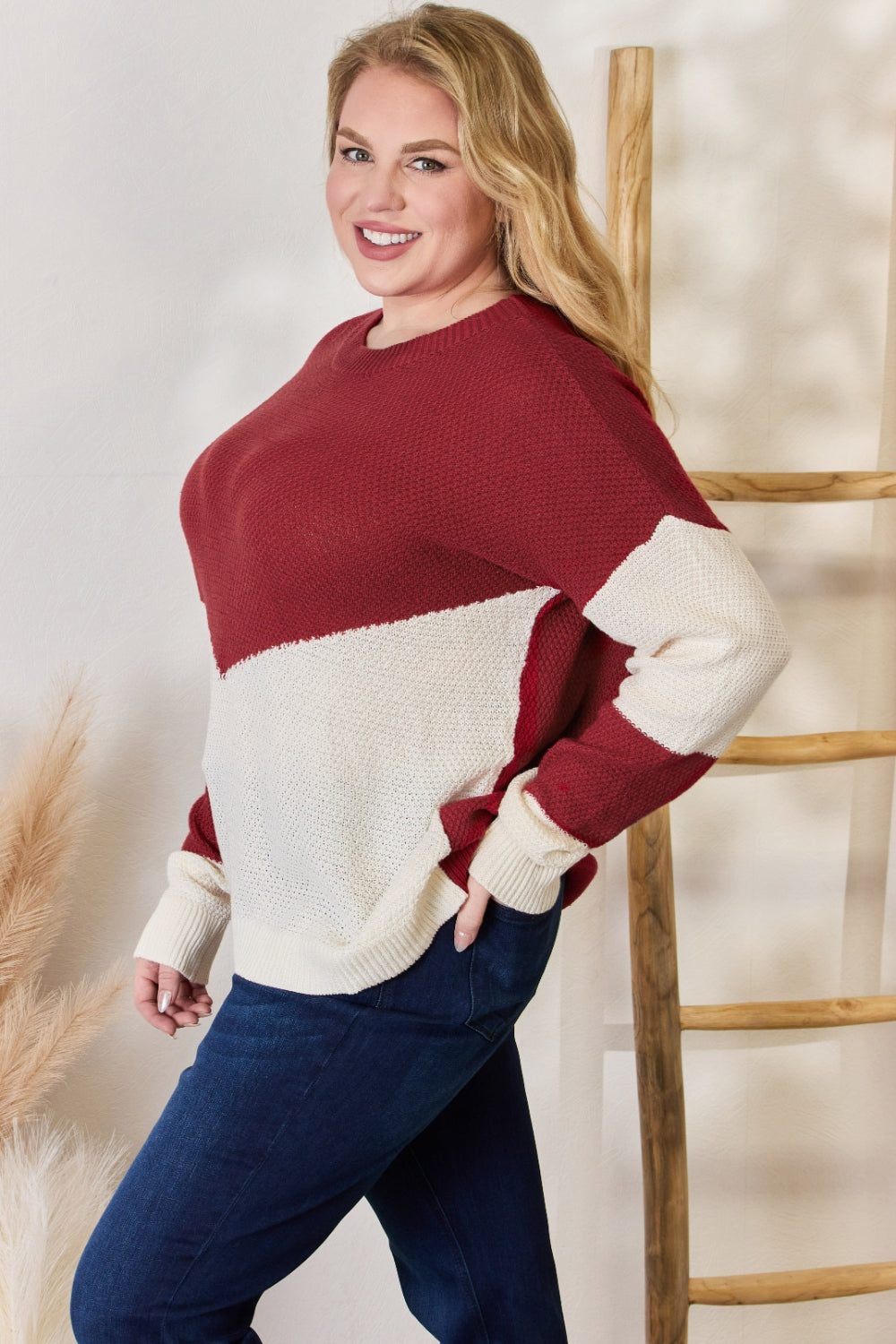 Hailey & Co Full Size Color Block Dropped Shoulder Knit Top Hailey & Co Full Size Color Block Dropped Shoulder Knit Top - TopFashionHQ