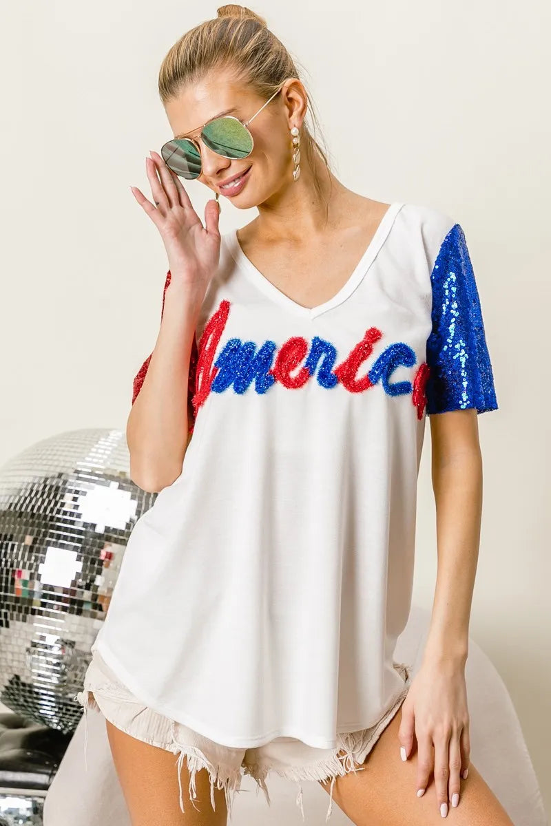 BiBi Metallic Letter V-neck Sequin Sleeves Top b2227c8928474c60a552a0da7121498a-Max-Origin