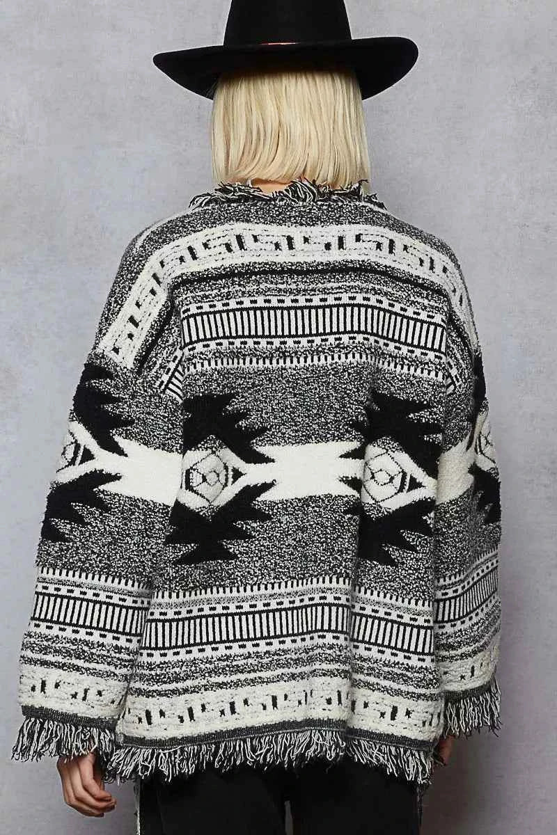 POL Open Front Geometric Print Cardigan with Fringe Detail POL Open Front Geometric Print Cardigan with Fringe Detail