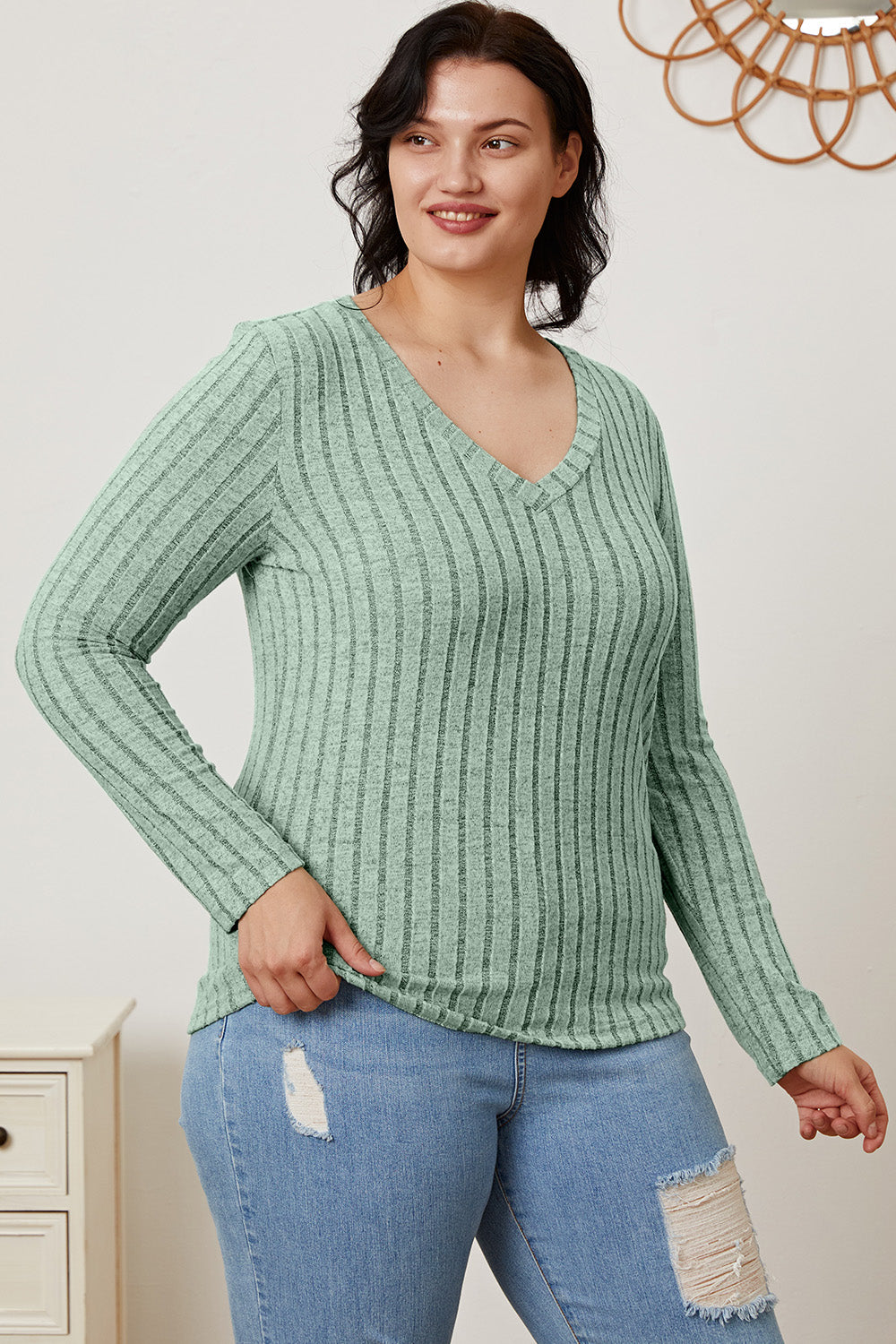 Basic Bae Full Size Ribbed V-Neck Long Sleeve T-Shirt Basic Bae Full Size Ribbed V-Neck Long Sleeve T-Shirt - TopFashionHQ