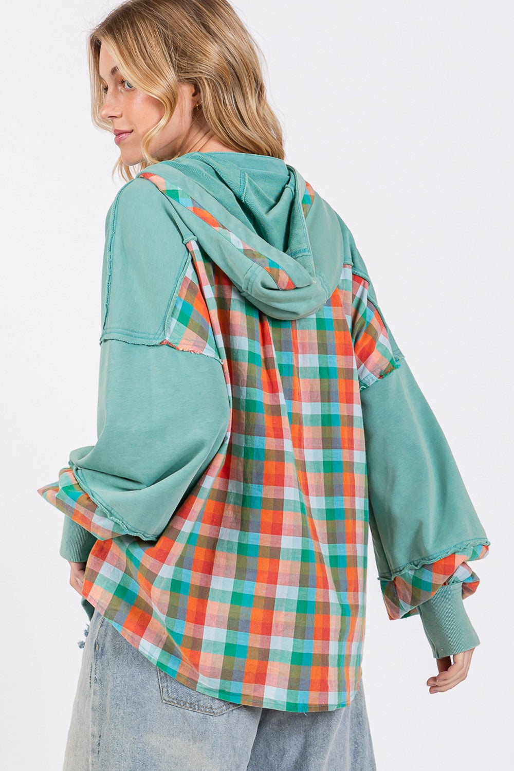 SAGE + FIG Full Size Plaid Print Washed Hoodie SAGE + FIG Full Size Plaid Print Washed Hoodie