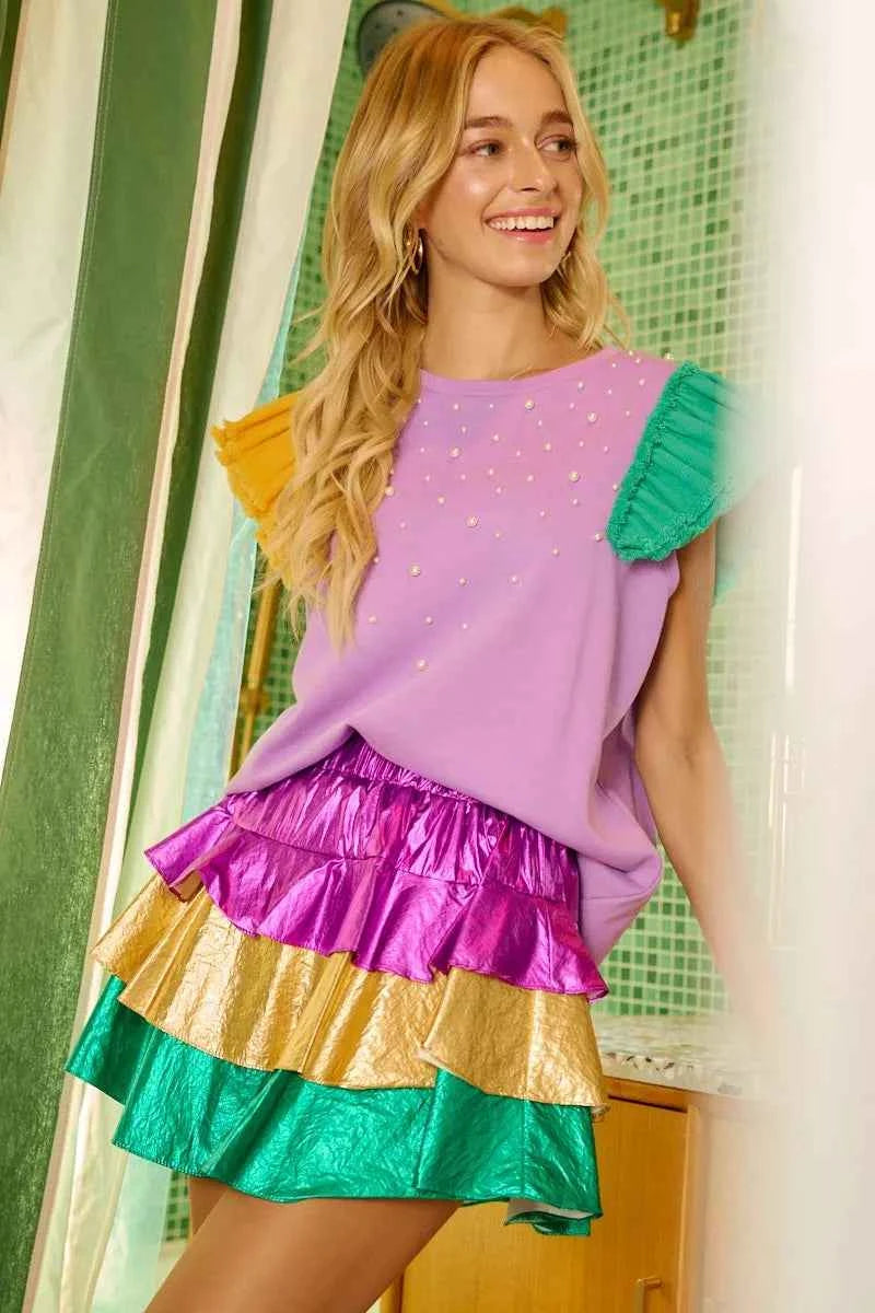 BiBi Mardi Gras Color Block Metallic Tiered Skirt BiBi Mardi Gras Color Block Metallic Tiered Skirt