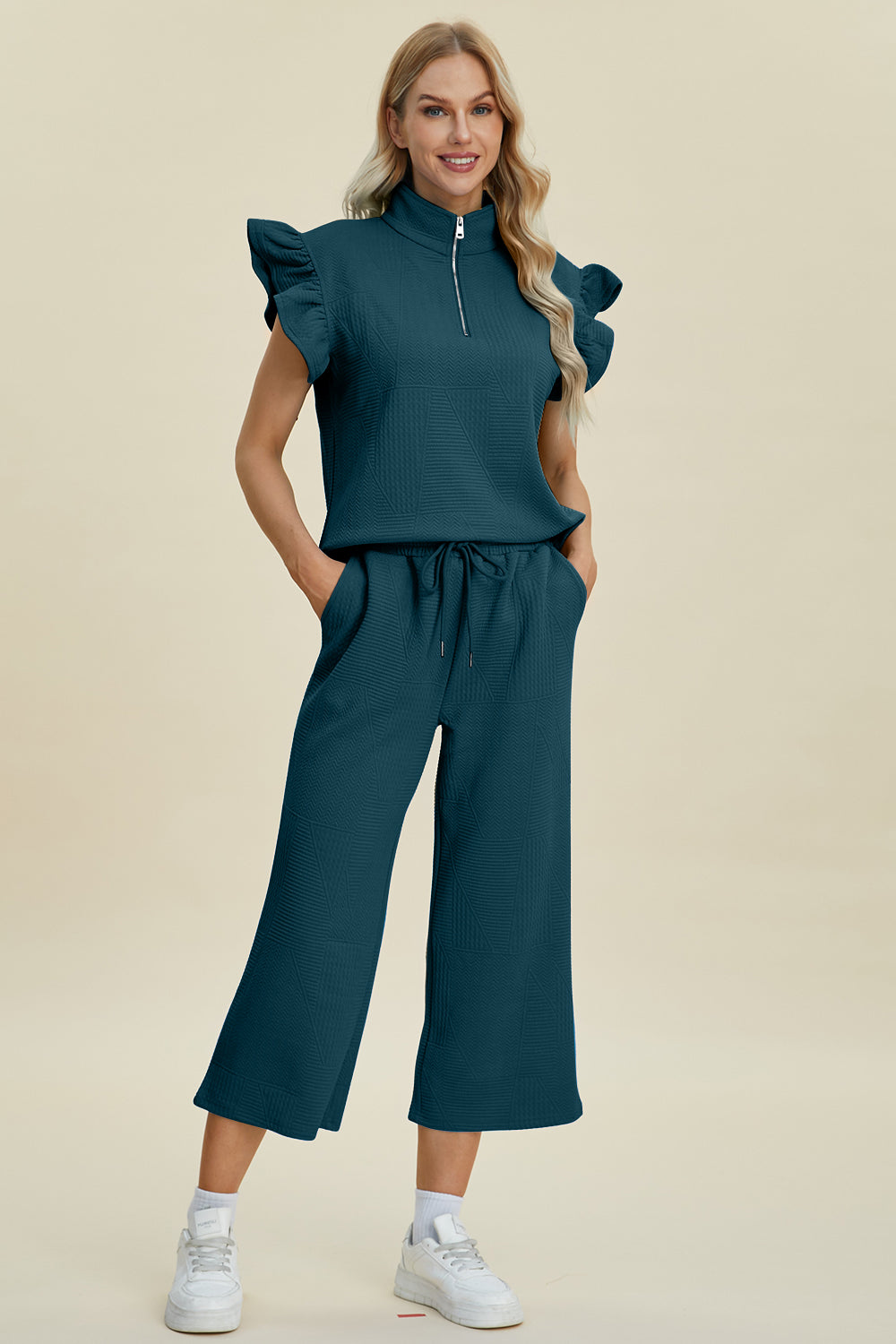 Double Take Full Size Texture Ruffle Short Sleeve Top and Wide Leg Pants Set Double Take Full Size Texture Ruffle Short Sleeve Top and Wide Leg Pants Set