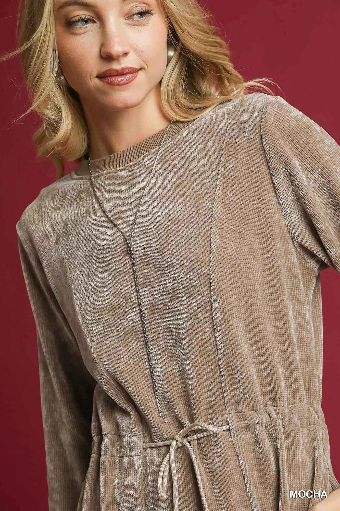 Umgee Velour Drawstring Mini Dress with Long Sleeves Umgee Velour Drawstring Mini Dress with Long Sleeves