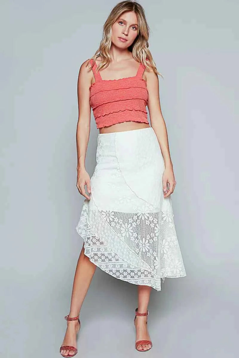 POL Ruffled Floral Lace Skirt with Unbalanced Hem POL Ruffled Floral Lace Skirt with Unbalanced Hem
