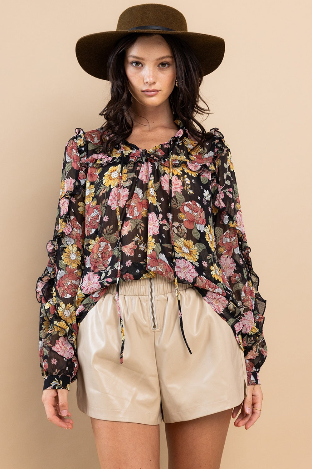 Ces Femme Ruffle Trim Long Sleeve Floral Blouse Ces Femme Ruffle Trim Long Sleeve Floral Blouse - TopFashionHQ
