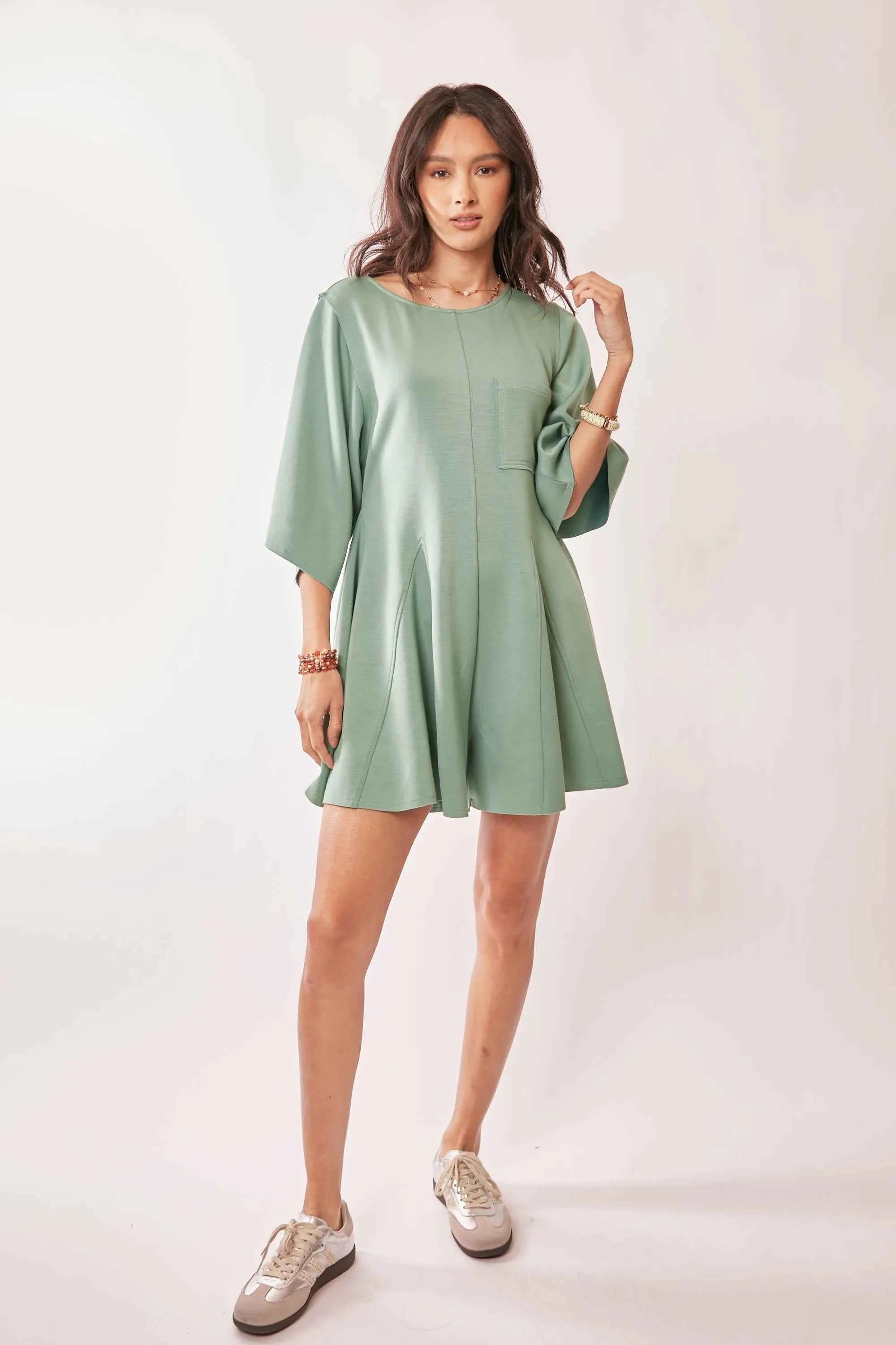 Davi & Dani Solid Draped Sleeve Ties Back Skort Romper Davi & Dani Solid Draped Sleeve Ties Back Skort Romper