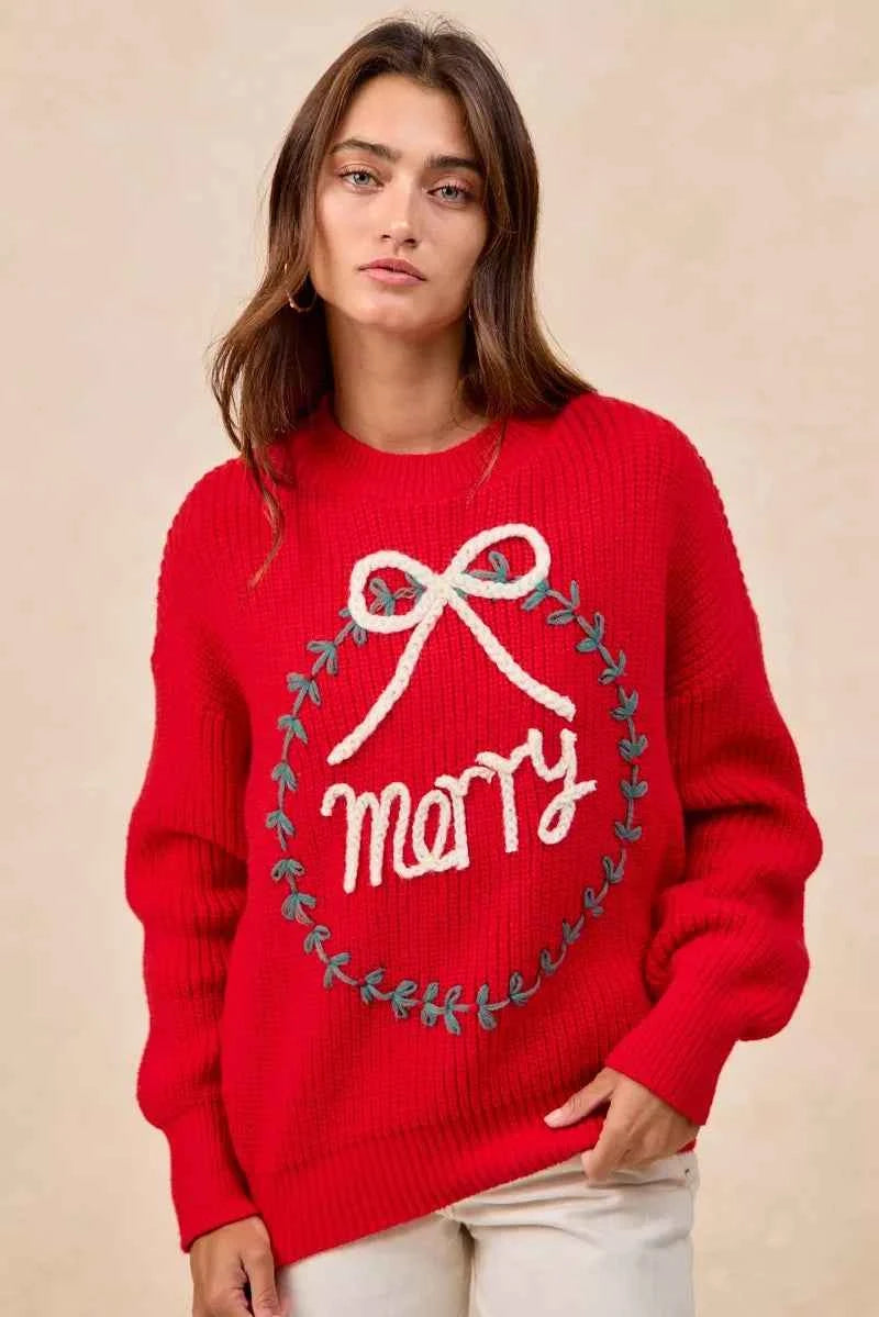 BiBi Christmas Wreath Merry Letter Knit Top BiBi Christmas Wreath Merry Letter Knit Top