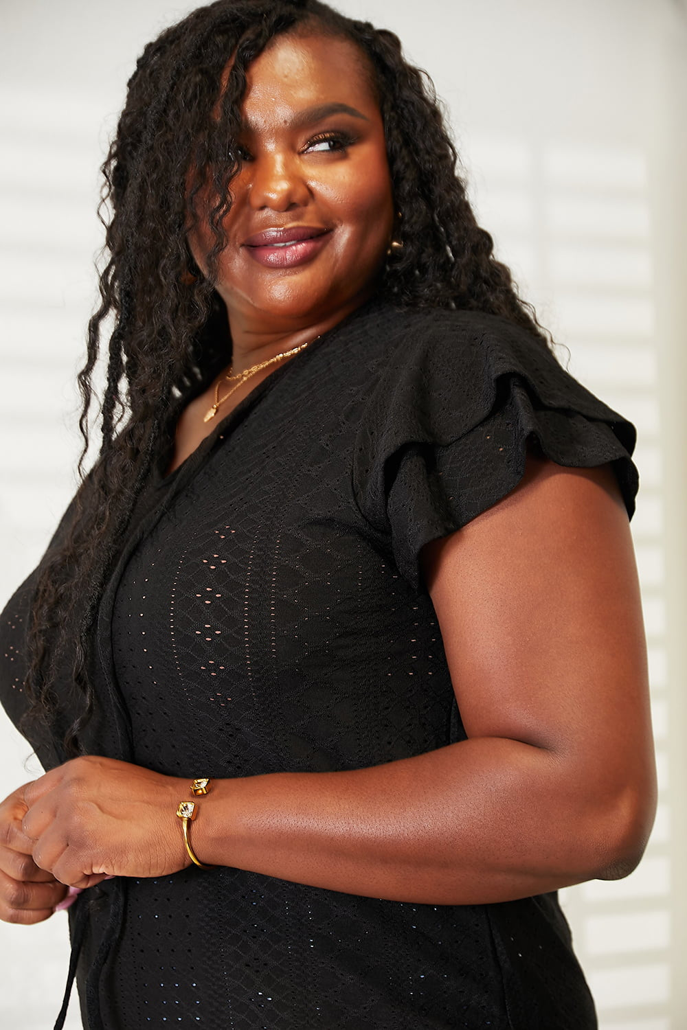 Double Take Eyelet Tie-Neck Flutter Sleeve Blouse Double Take Eyelet Tie-Neck Flutter Sleeve Blouse - TopFashionHQ