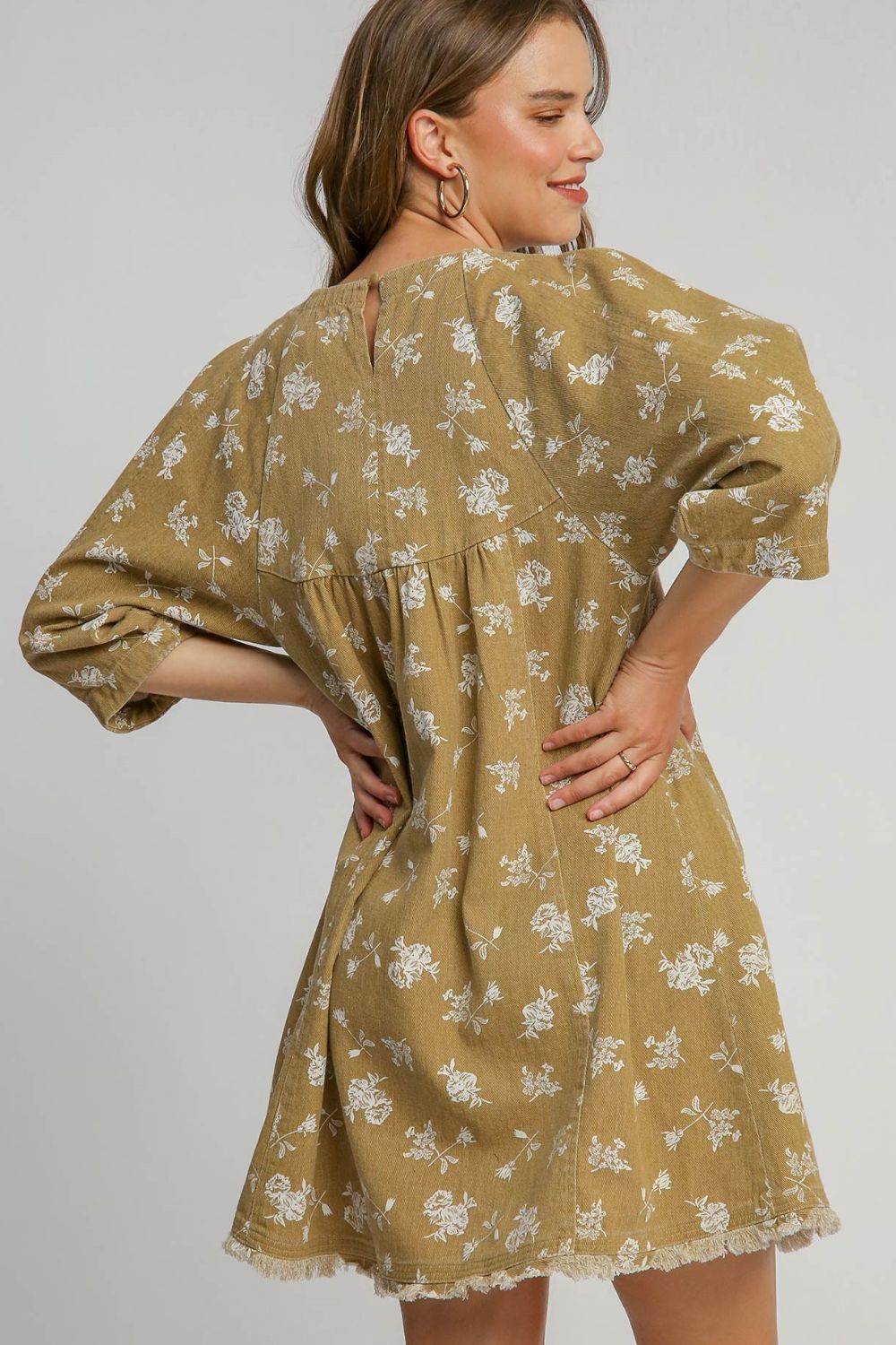 Umgee Raw Hem Floral Print Round Neck Denim Dress Umgee Raw Hem Floral Print Round Neck Denim Dress - TopFashionHQ