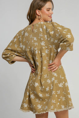 Umgee Raw Hem Floral Print Round Neck Denim Dress - TopFashionHQ