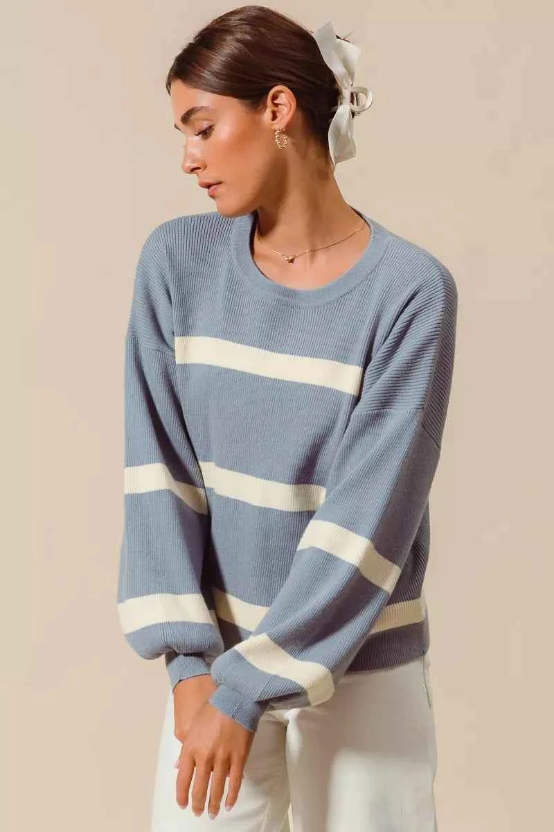 SO ME Ribbed Striped Round Neck Sweater SO ME Ribbed Striped Round Neck Sweater