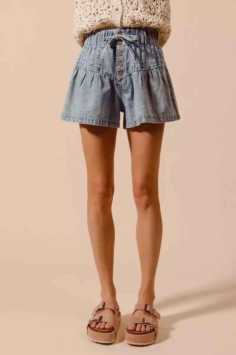 SO ME Flared Denim Shorts with Elasticized Waist SO ME Flared Denim Shorts with Elasticized Waist