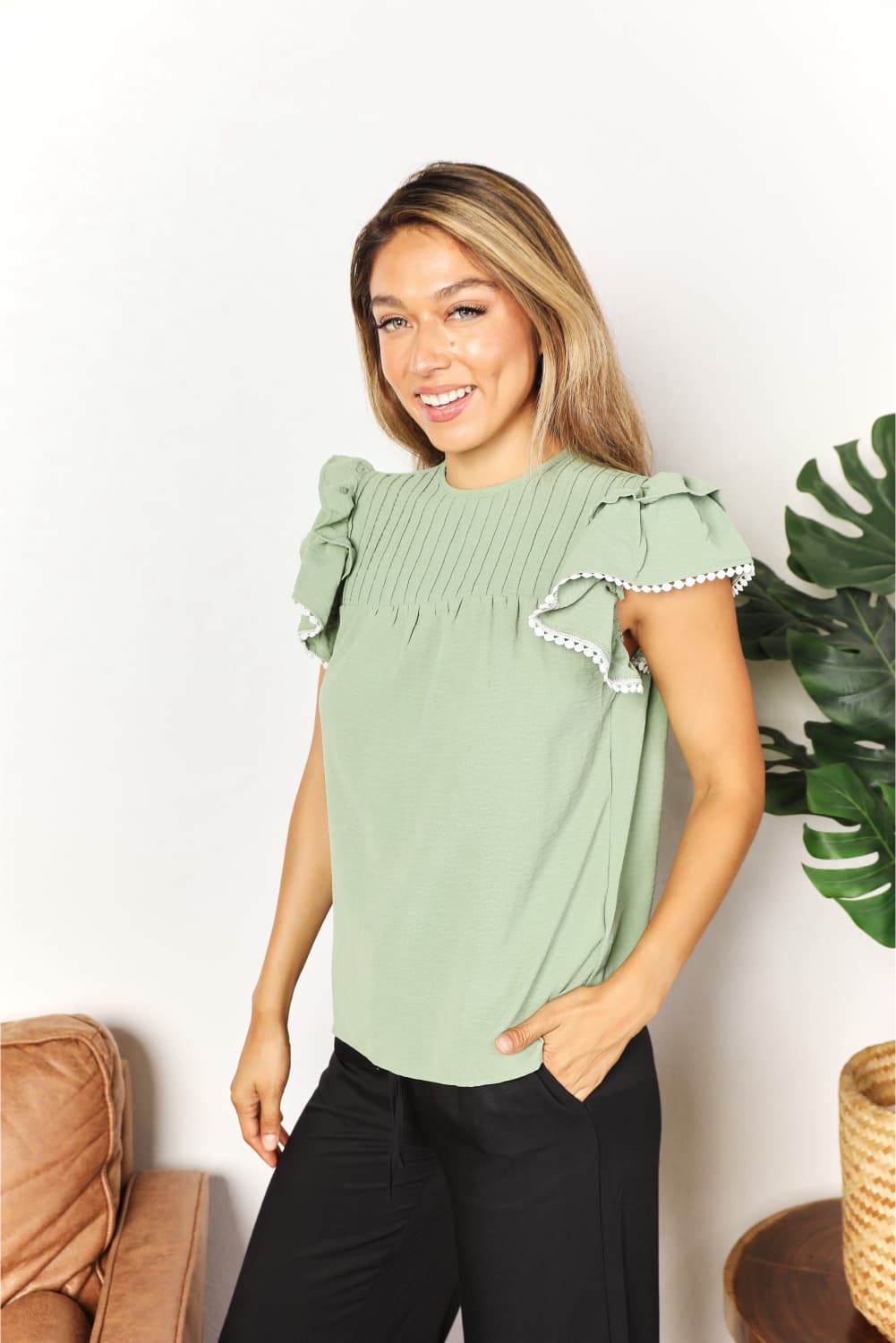 Double Take Pleated Detail Flutter Sleeve Blouse Double Take Pleated Detail Flutter Sleeve Blouse - TopFashionHQ