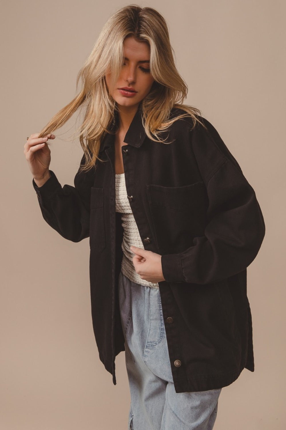 BiBi Button Up Washed Jacket with Pockets BiBi Button Up Washed Jacket with Pockets