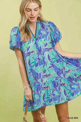 Umgee Tropical Floral Puff Sleeve Tiered Mini Dress
