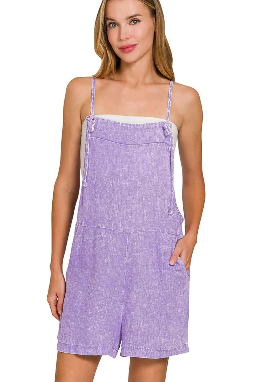 Zenana Washed Linen Knot Strap Rompers Zenana Washed Linen Knot Strap Rompers