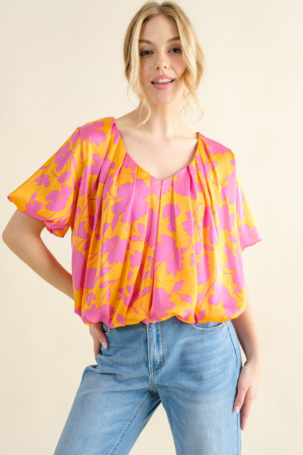 And The Why Full Size Printed Satin Bubble Hem Top And The Why Full Size Printed Satin Bubble Hem Top - TopFashionHQ