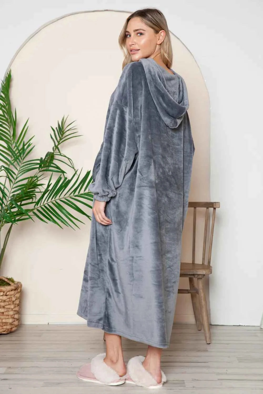 Double Take Full Size Pocketed Hooded Midi Lounge Dress Double Take Full Size Pocketed Hooded Midi Lounge Dress