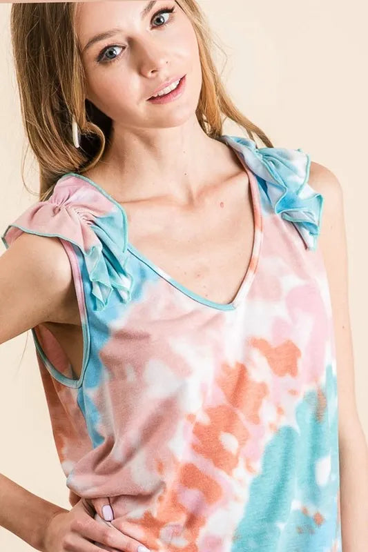 BiBi Circular Tie Dye Knit V Neck Top With Ruffle b3a23a0faa7a4bd2b2f5840f04f0a8ca-Max-Origin