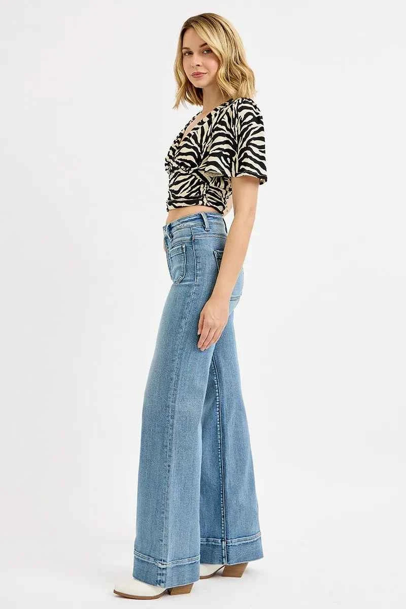 RISEN Full Size High Rise Wide Flare Patch Pocket Jeans Plus Size RISEN Full Size High Rise Wide Flare Patch Pocket Jeans Plus Size