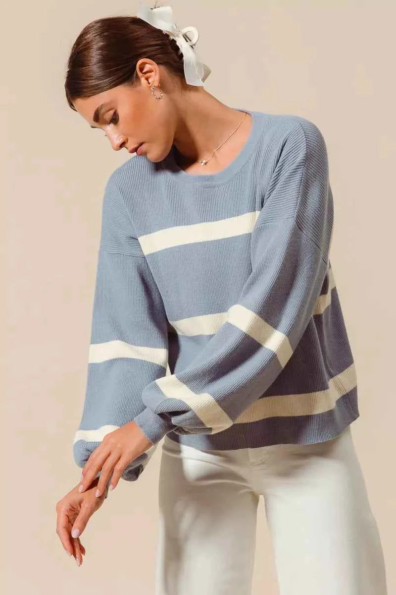 SO ME Ribbed Striped Round Neck Sweater SO ME Ribbed Striped Round Neck Sweater