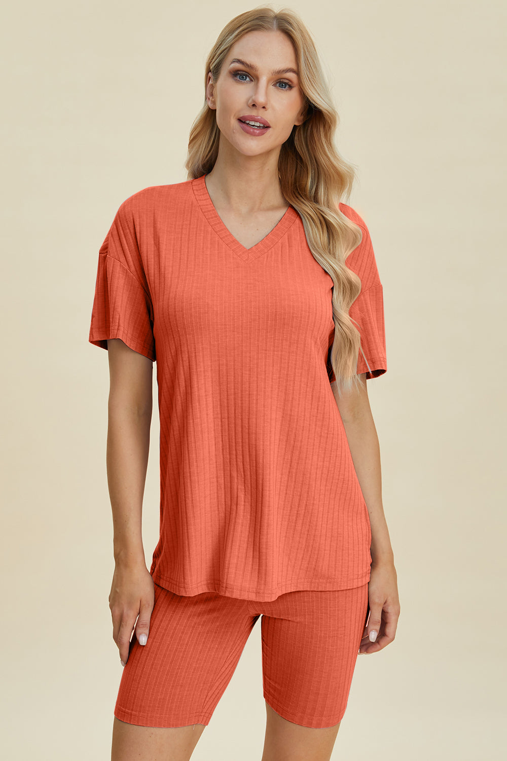 Basic Bae Full Size Ribbed V-Neck Short Sleeve Top and Shorts Set Basic Bae Full Size Ribbed V-Neck Short Sleeve Top and Shorts Set
