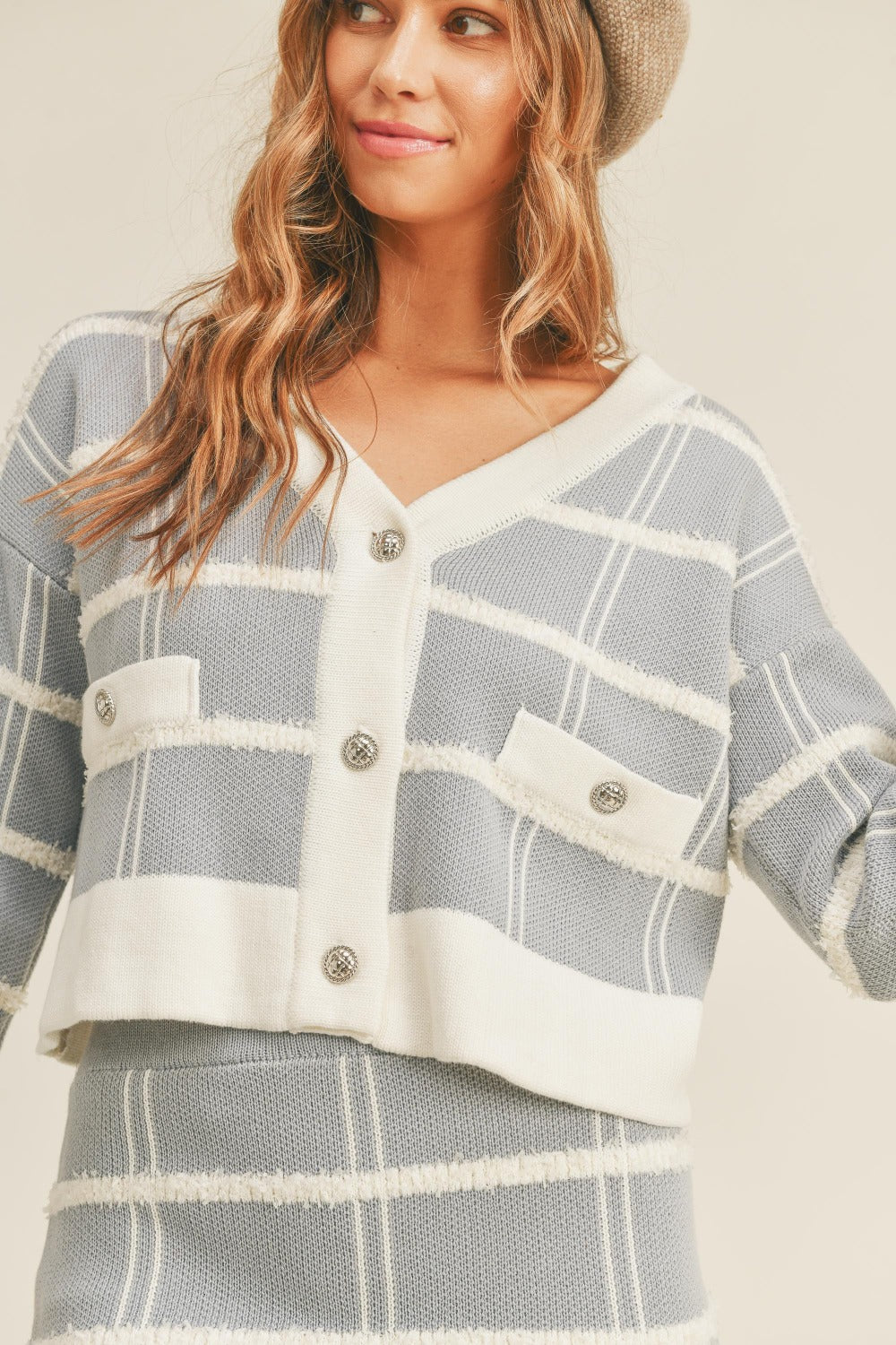 MABLE Plaid Button Down Sweater Cardigan and Mini Skirt Set MABLE Plaid Button Down Sweater Cardigan and Mini Skirt Set
