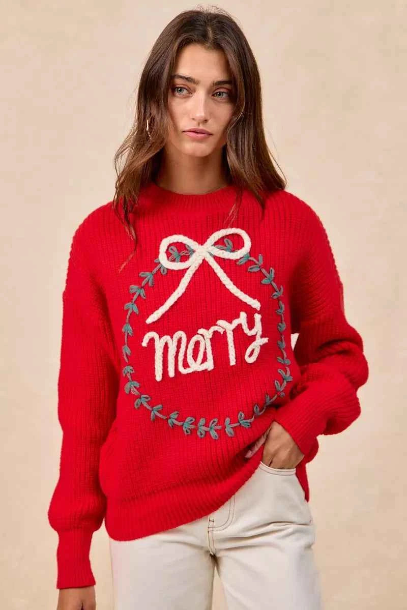 BiBi Christmas Wreath Merry Letter Knit Top BiBi Christmas Wreath Merry Letter Knit Top