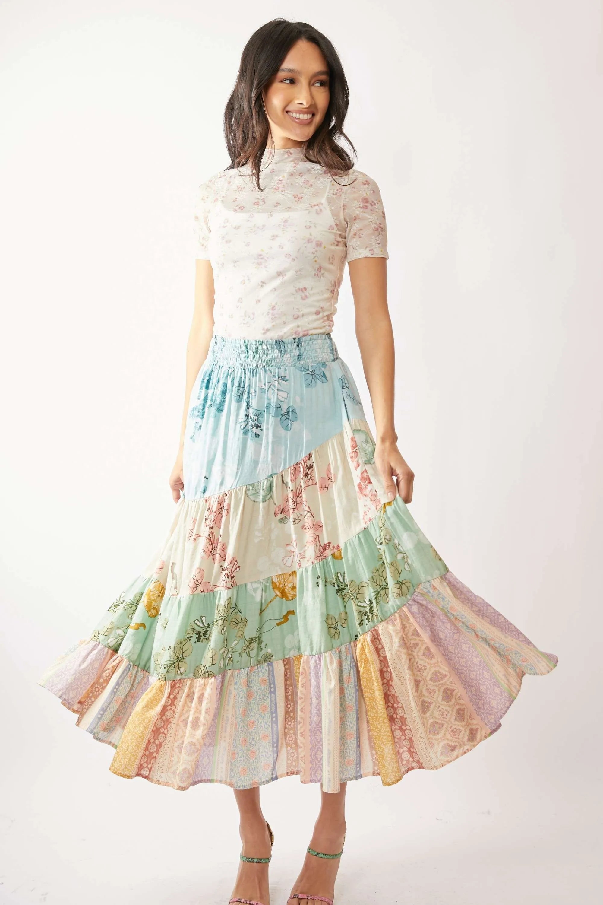 Davi & Dani Floral Mesh Mock Neck Short Sleeve Top b418493de77d472eb879495326ab69ff-Max-Origin