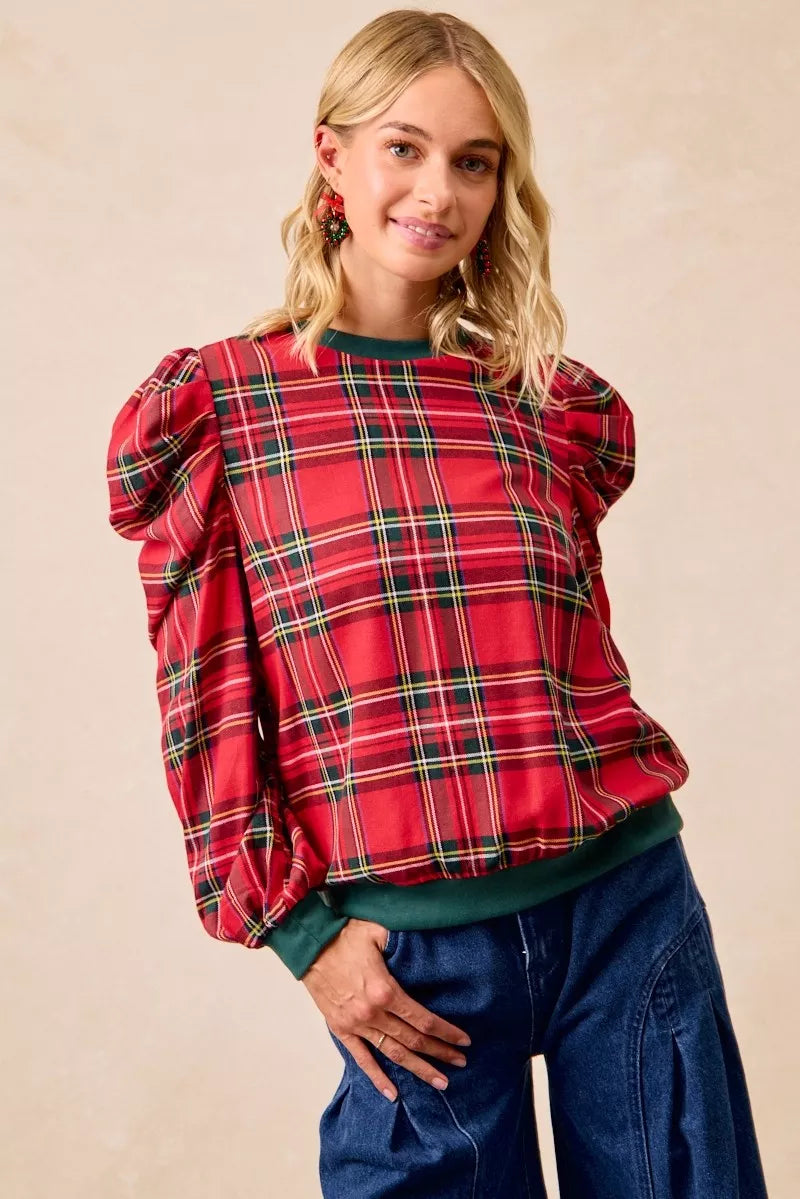 BiBi Christmas Plaid Exaggerated Shoulder Sleeves Top b41b07693b414dbd9f258ceb12e59ce7-Max-Origin