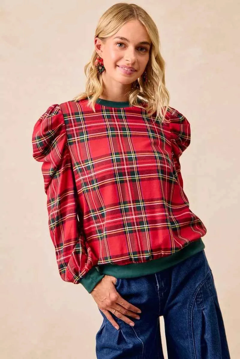 BiBi Christmas Plaid Exaggerated Shoulder Sleeves Top BiBi Christmas Plaid Exaggerated Shoulder Sleeves Top