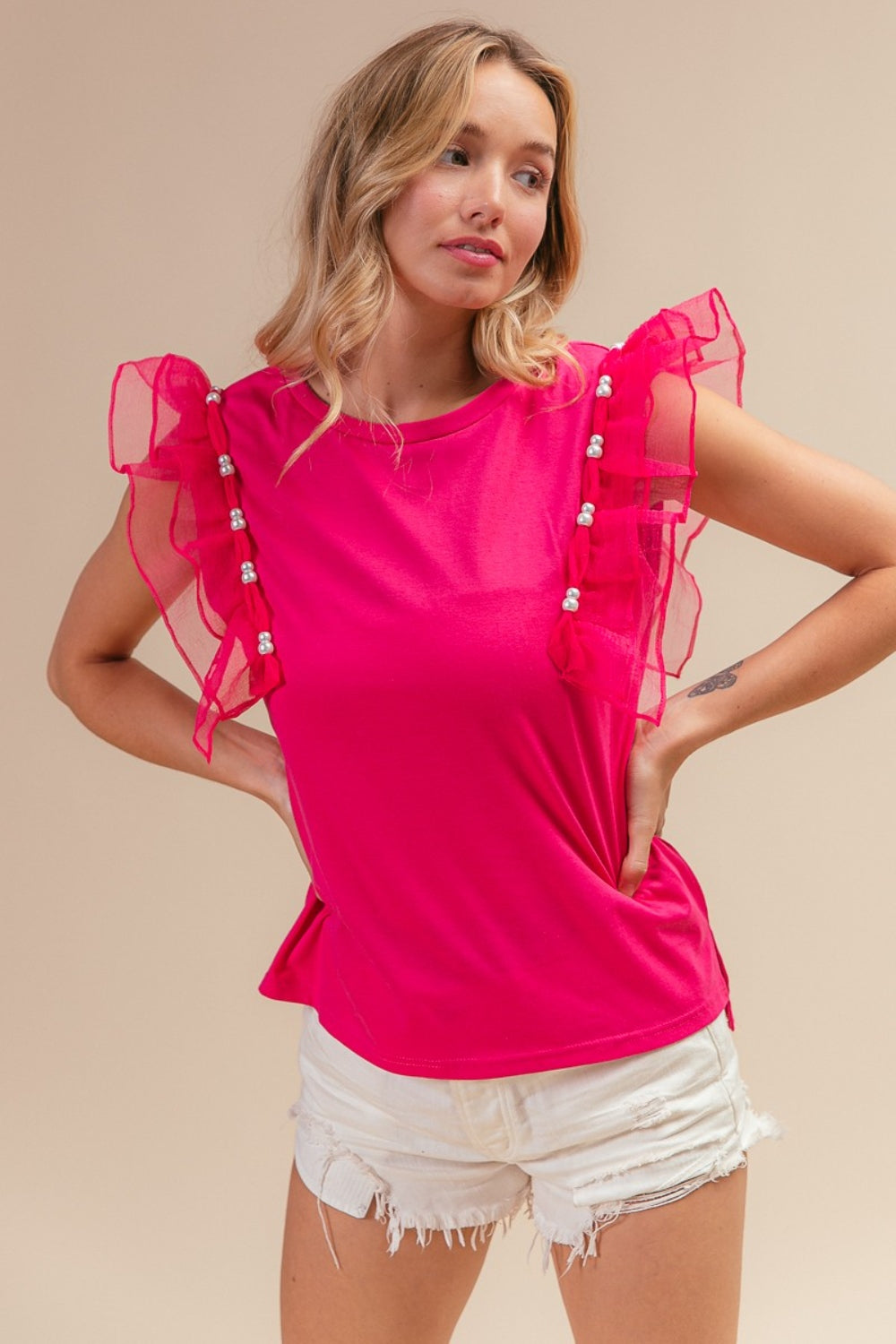 BiBi Pearl Decor Mesh Ruffle Sleeve Top BiBi Pearl Decor Mesh Ruffle Sleeve Top - TopFashionHQ
